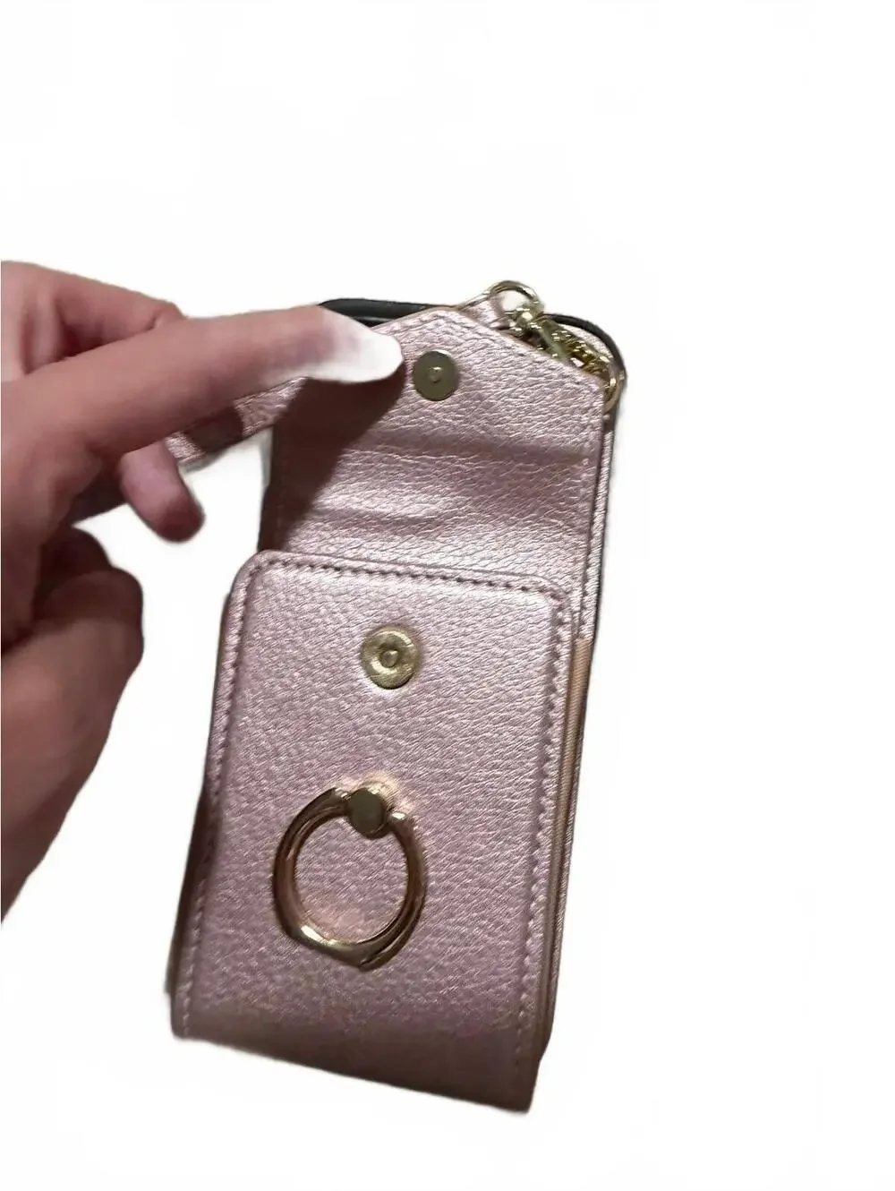 Iphone 16 Pro Pink Faux Leather Phone Case with Wrist Strap and Card Holder